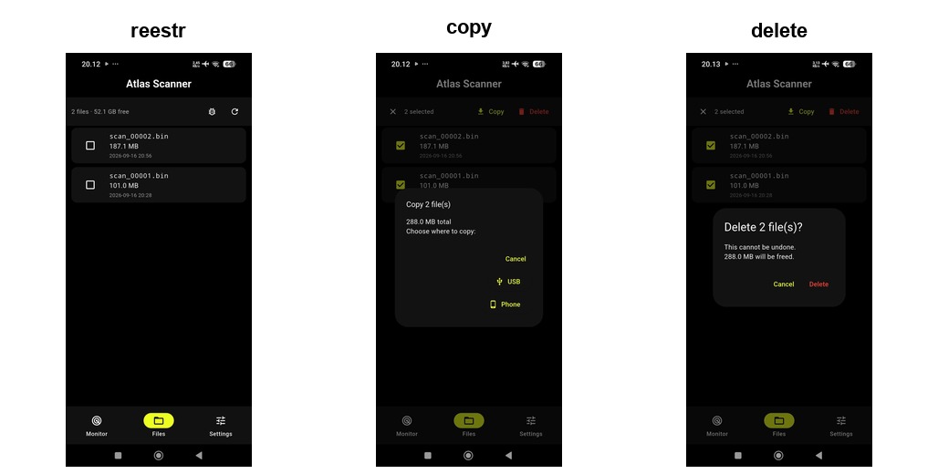 Files screen: scan list, free space, copy and delete