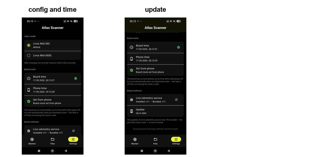 Settings screen: LiDAR model, clock sync and onboard software update