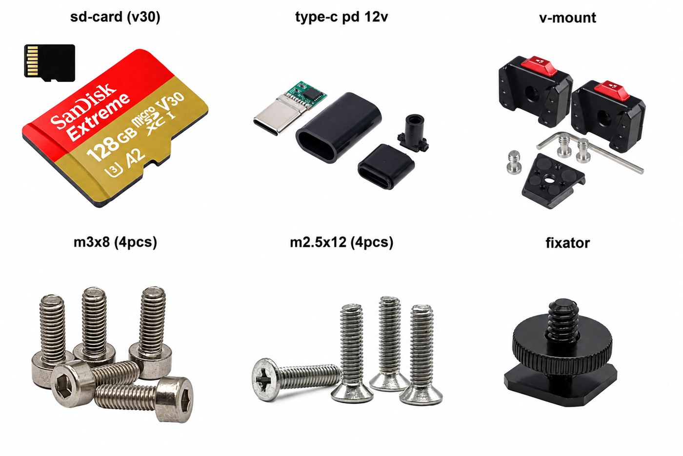 Small parts: V30 microSD card, USB-C PD 12 V trigger, V-mount, M3×8 and M2.5×12 screws, 1/4 inch fixator