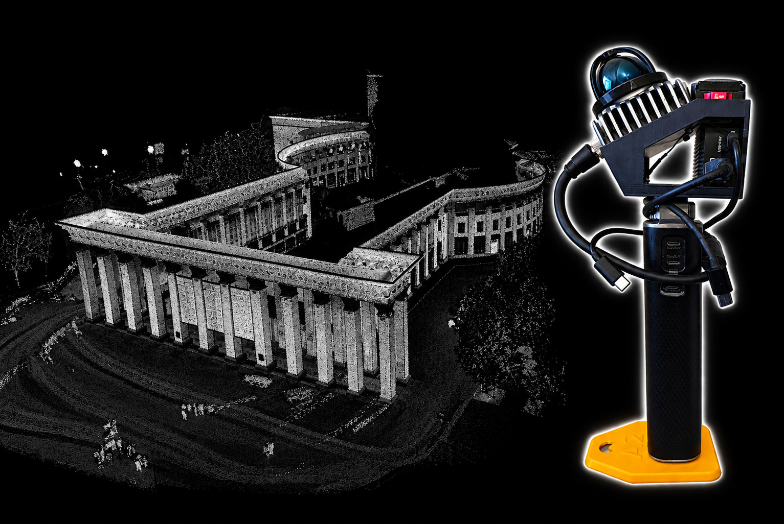 OpenSLAM handheld scanner with a point cloud of a colonnaded building it captured